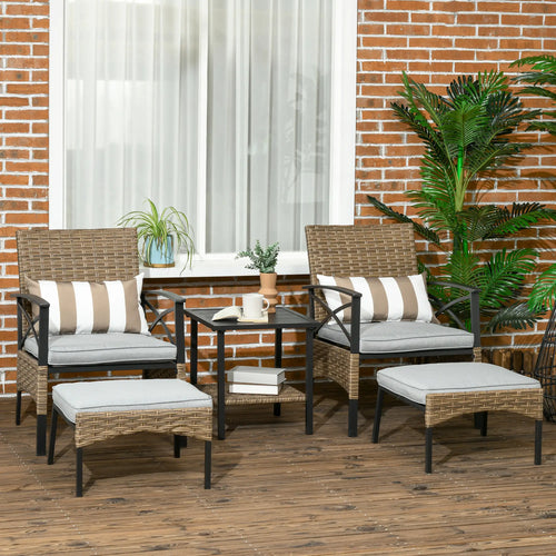 5 Piece PE Rattan Garden Set, 2 Armchairs, 2 Stools, Steel Table, Khaki