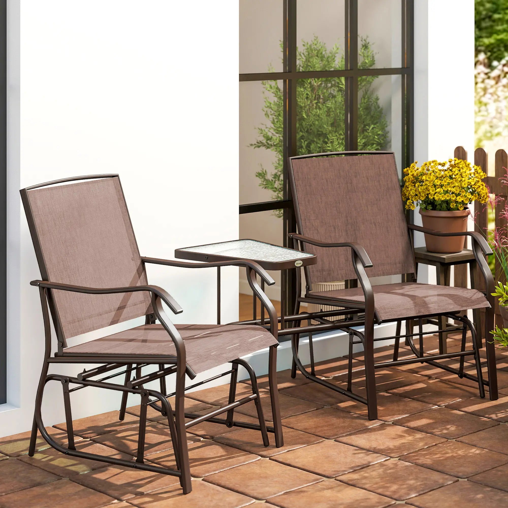 Double Glider Chair, Glass Top Table, High Back, Sling Fabric, Brown Outdoor Gliders at Gallery Canada