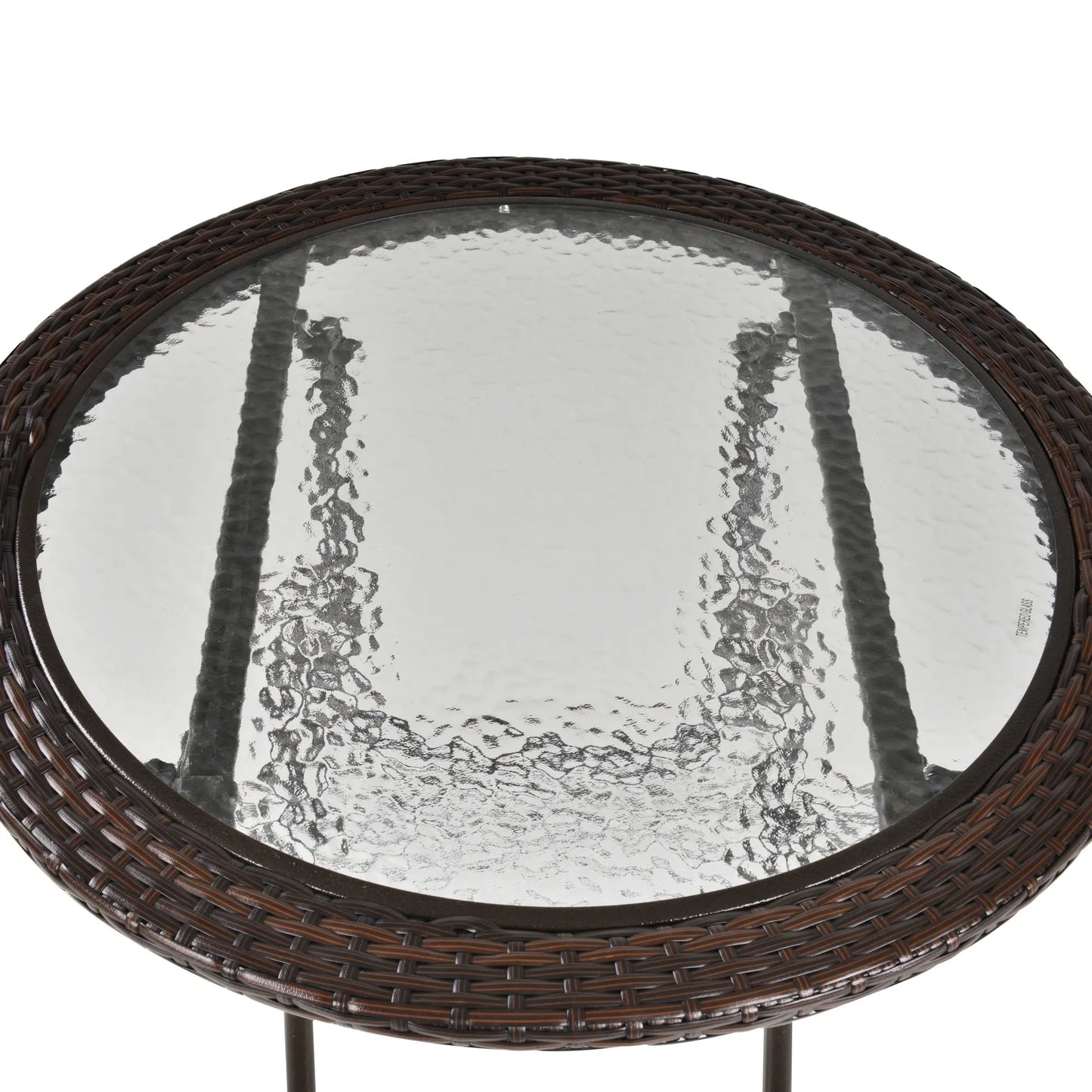 26.8" Folding Round Tempered Glass Table, Brown Rattan Edging, Brown Patio Side Tables at Gallery Canada