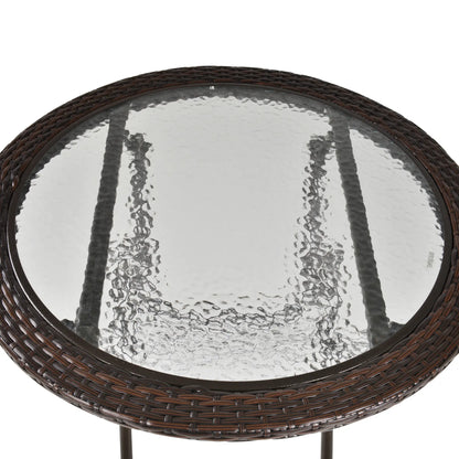 26.8" Folding Round Tempered Glass Table, Brown Rattan Edging, Brown Patio Side Tables at Gallery Canada