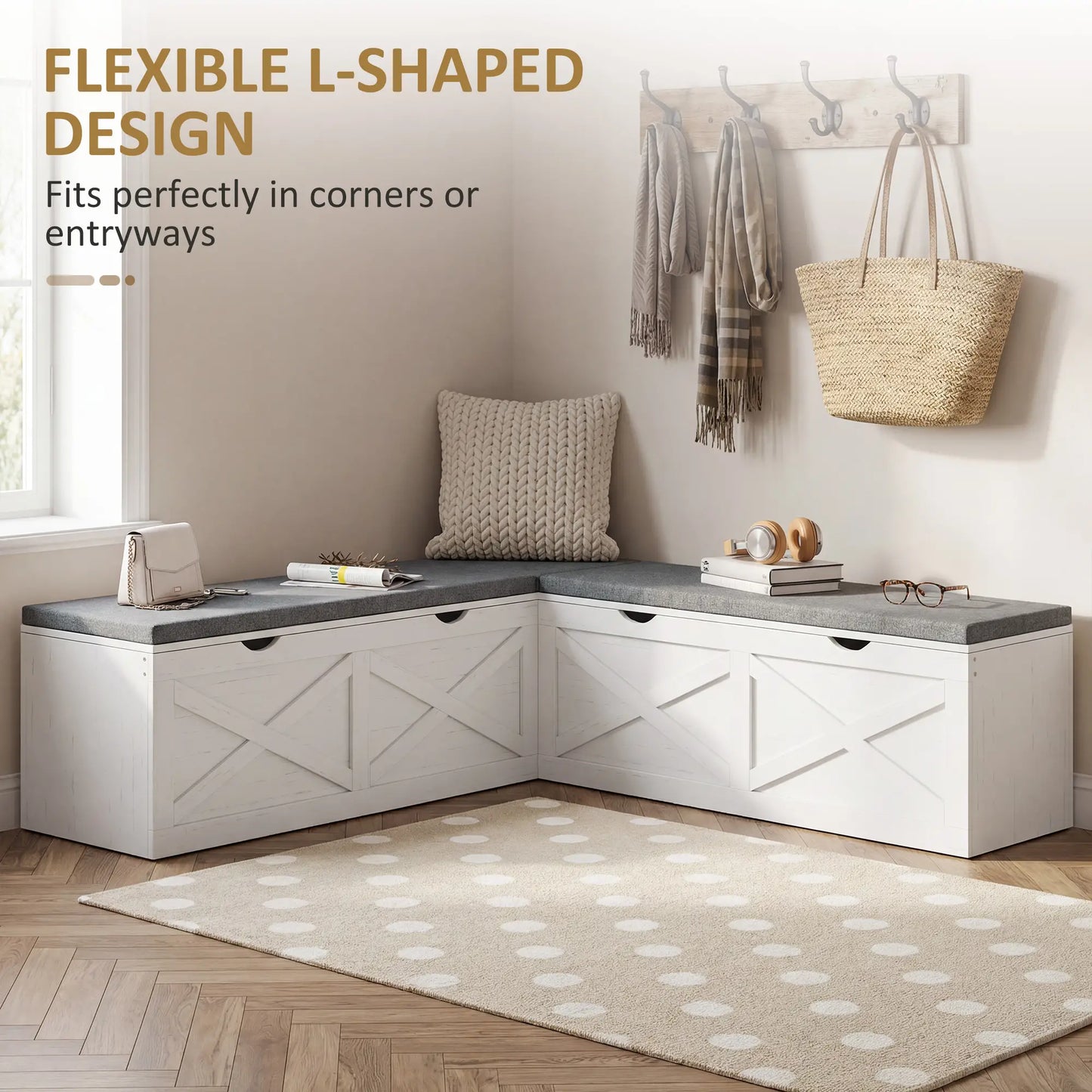 L-Shaped Shoe Bench With Padded Cushion, White