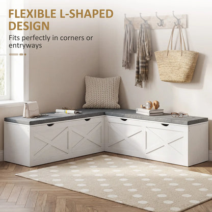 L-Shaped Shoe Bench With Padded Cushion, White