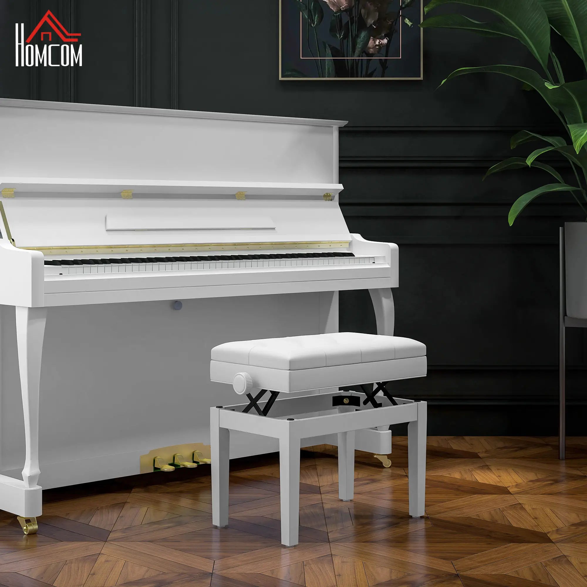 Adjustable Piano Bench, Storage, Soft PU Leather Padded, White Piano Benches at Gallery Canada