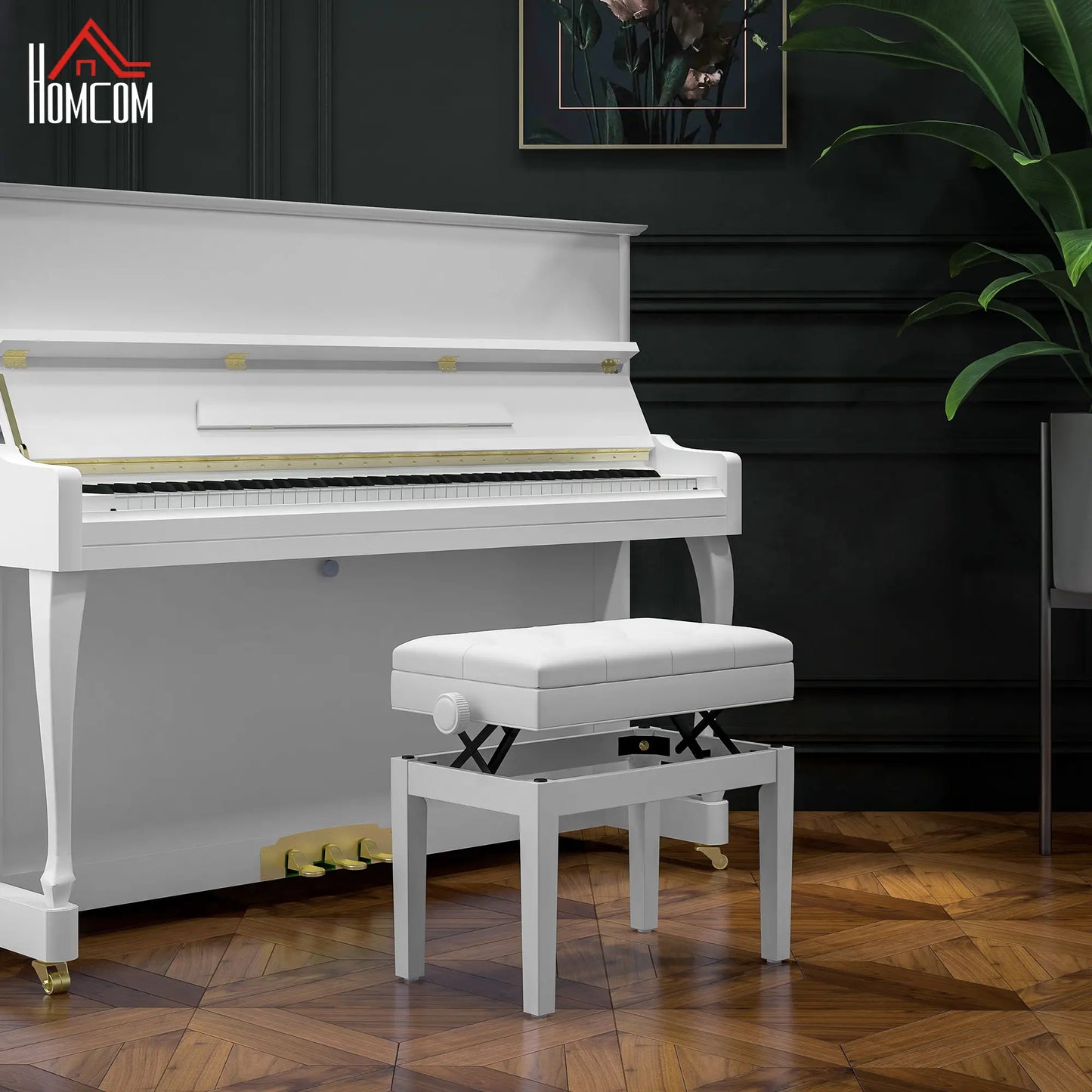 Adjustable Piano Bench, Storage, Soft PU Leather Padded, White Piano Benches at Gallery Canada