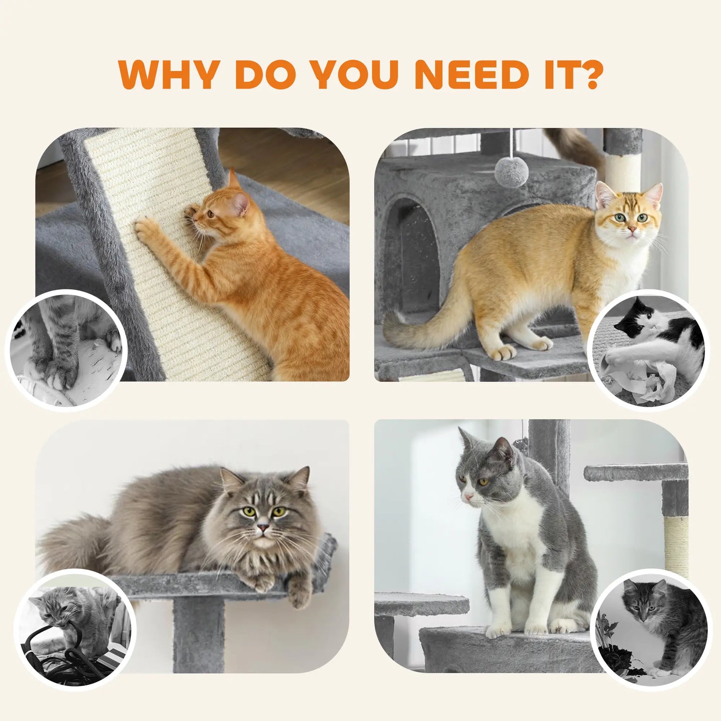 54" Cat Tree, Multi-Level Tower With Scratching Posts, Light Grey