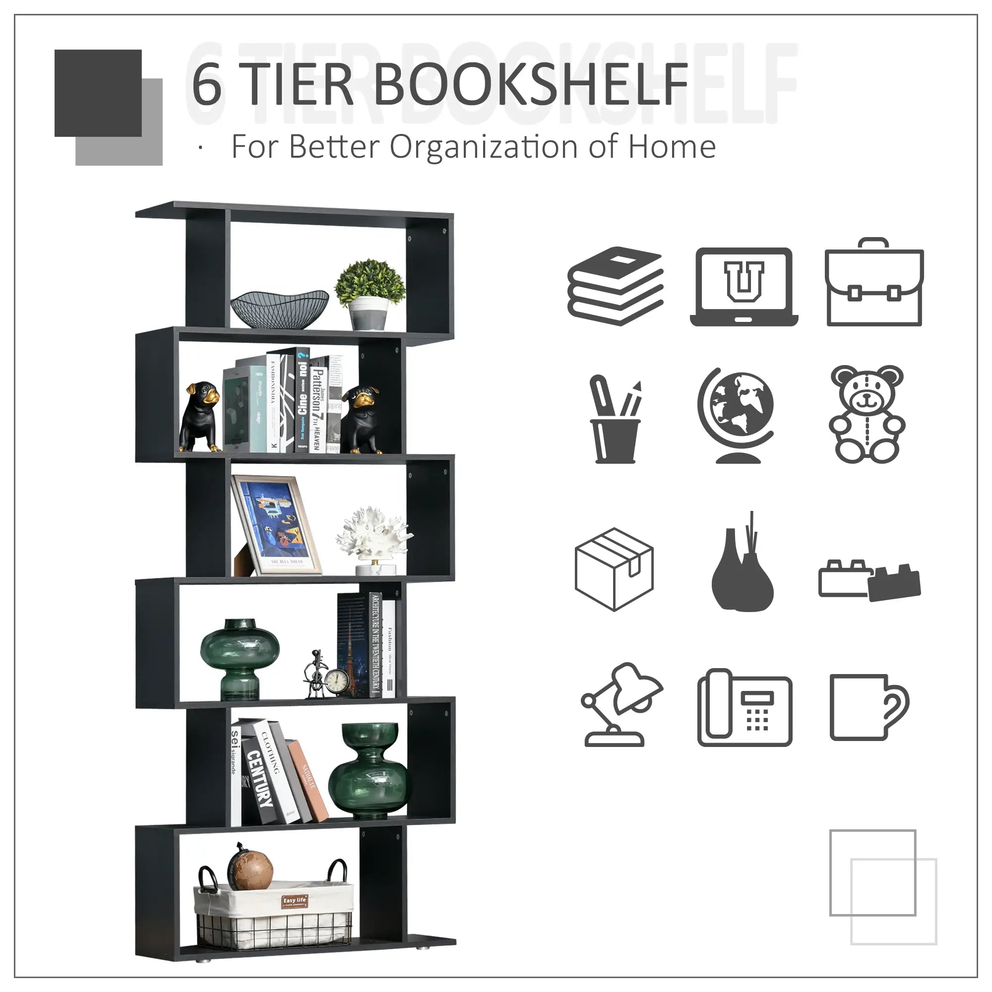Wooden S Shape Bookcase, 6 Shelves, Storage Display, Home Office Display Bookshelves at Gallery Canada