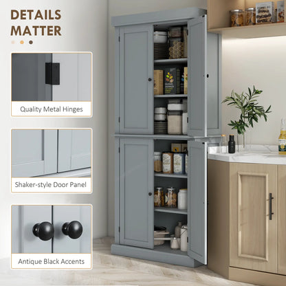 72.5" Freestanding Kitchen Pantry, 4 Doors, Grey Kitchen Pantry Cabinets at Gallery Canada