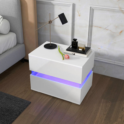Modern Nightstand, 2 Drawers, USB RGB LED Lights, Remote, White Bedside Tables at Gallery Canada