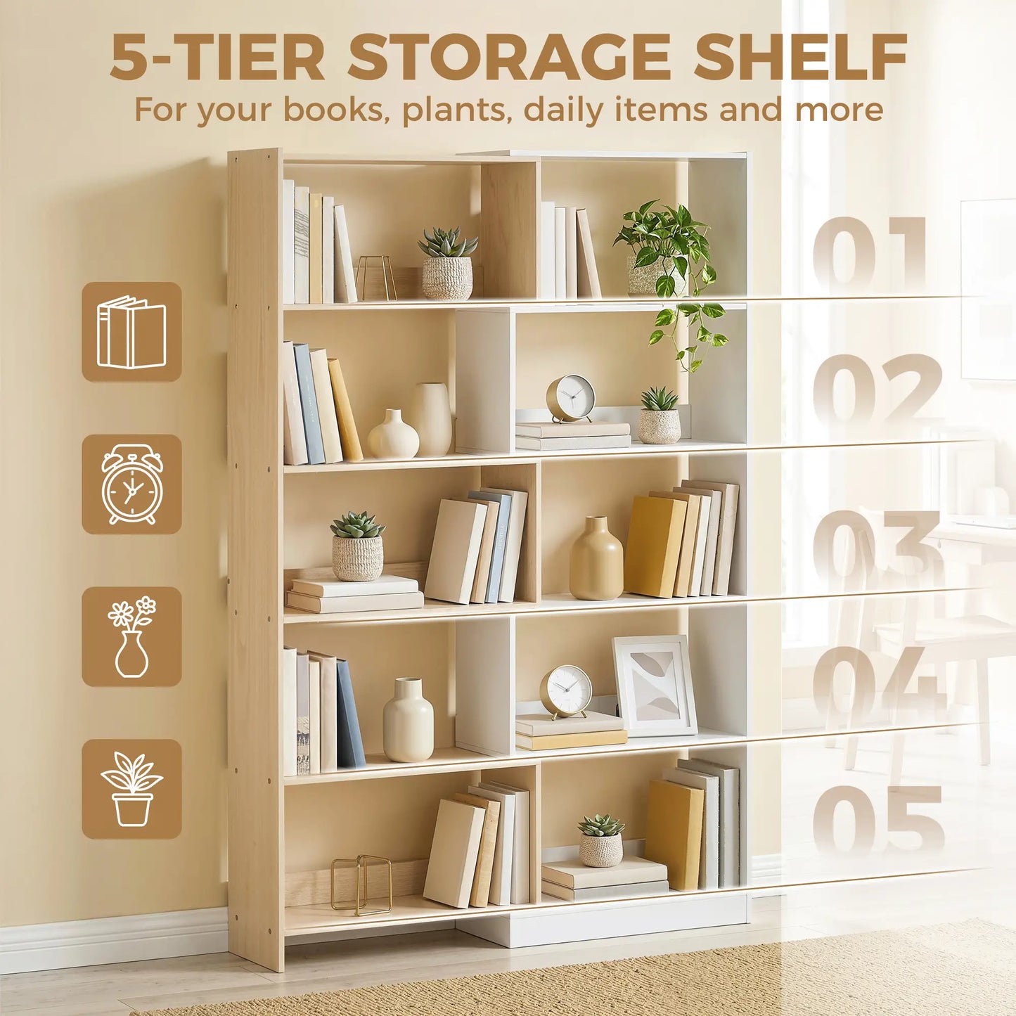Corner Bookshelf, 5-Tier L-Shaped Bookcase with 350° Rotating Design, Two-Tone Design, Fruitwood/White Display Bookshelves at Gallery Canada
