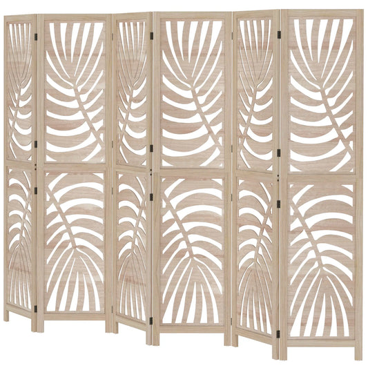 6 Panel Room Divider, Detachable Folding Privacy Screen, Palm Leaf Design, Natural Wood