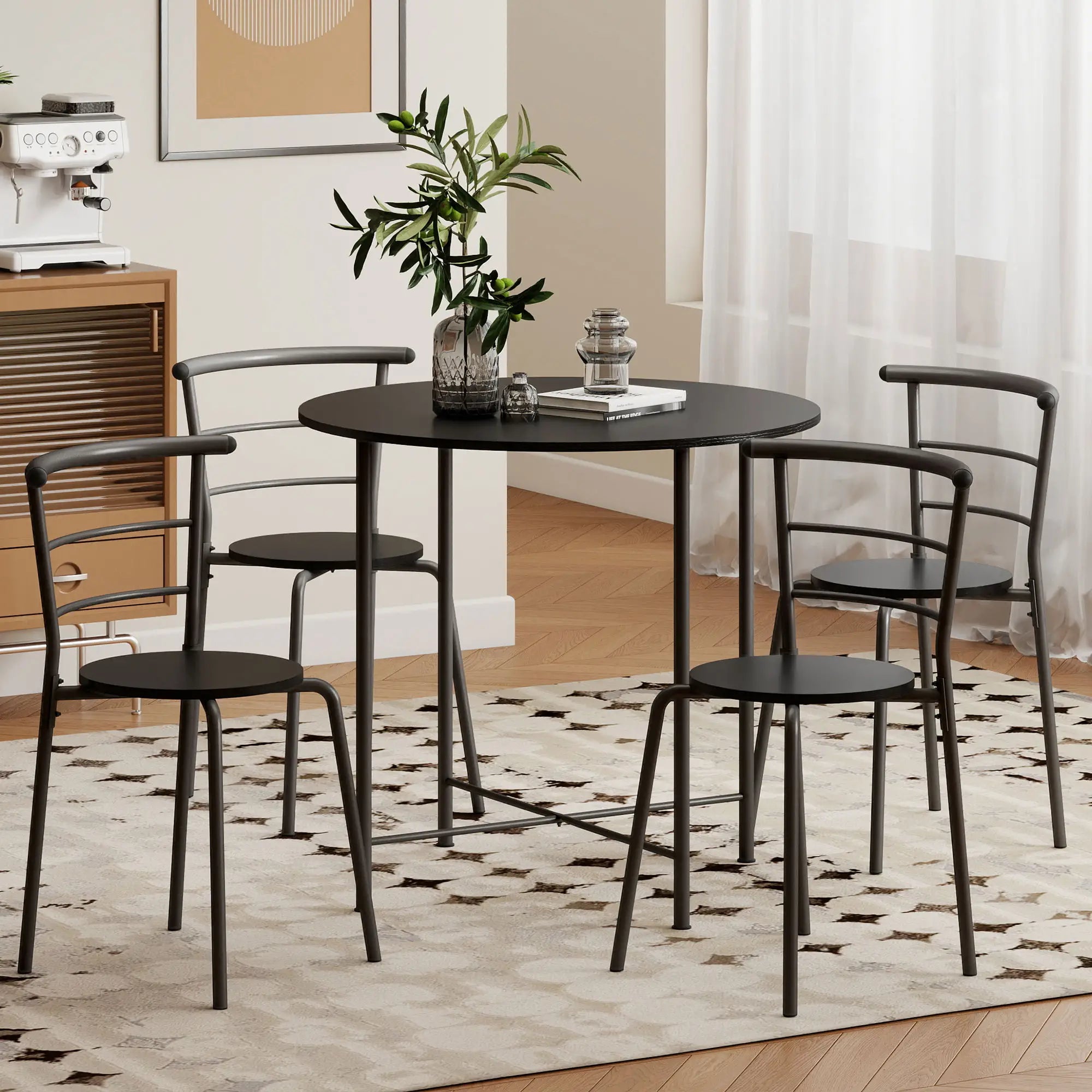 5 Piece Dining Table Set, Round for 4, Metal Frame, Black Wood Grain, Black Dining Table Sets at Gallery Canada