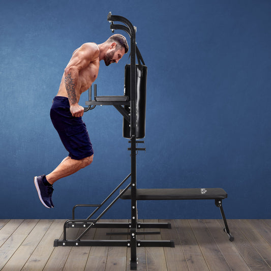 86" Power Tower Full Body Home Gym Fitness Station with Punching Bag Adjustable Sit Up Bench - Gallery Canada