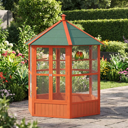 70"H Hexagonal Wooden Bird Cage, Outdoor Aviary with Doors Bird Cages Brown at Gallery Canada