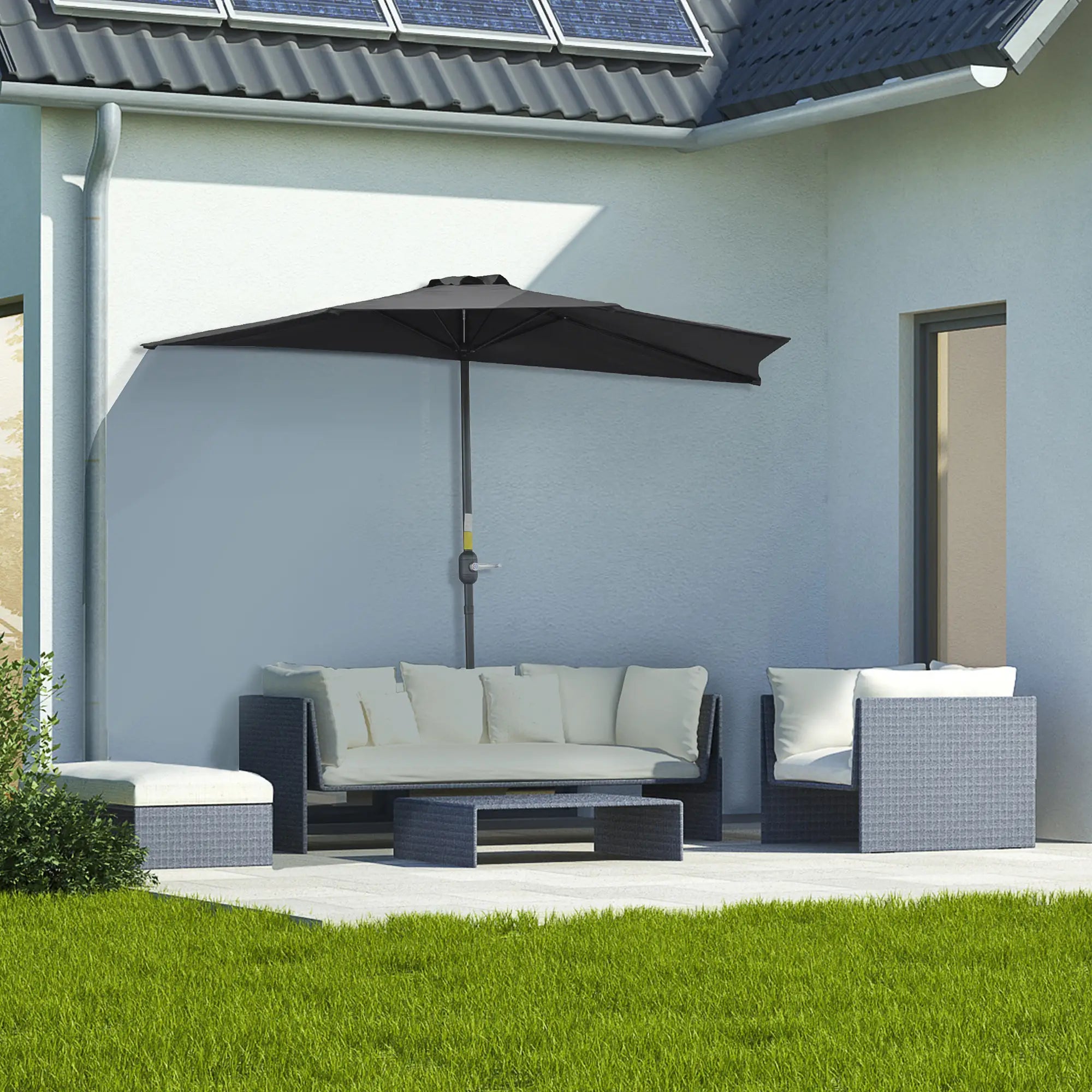 9.8ft Half Umbrella, Semi Round Patio Parasol, Crank Handle, Top Vent, Black Sun Umbrellas at Gallery Canada