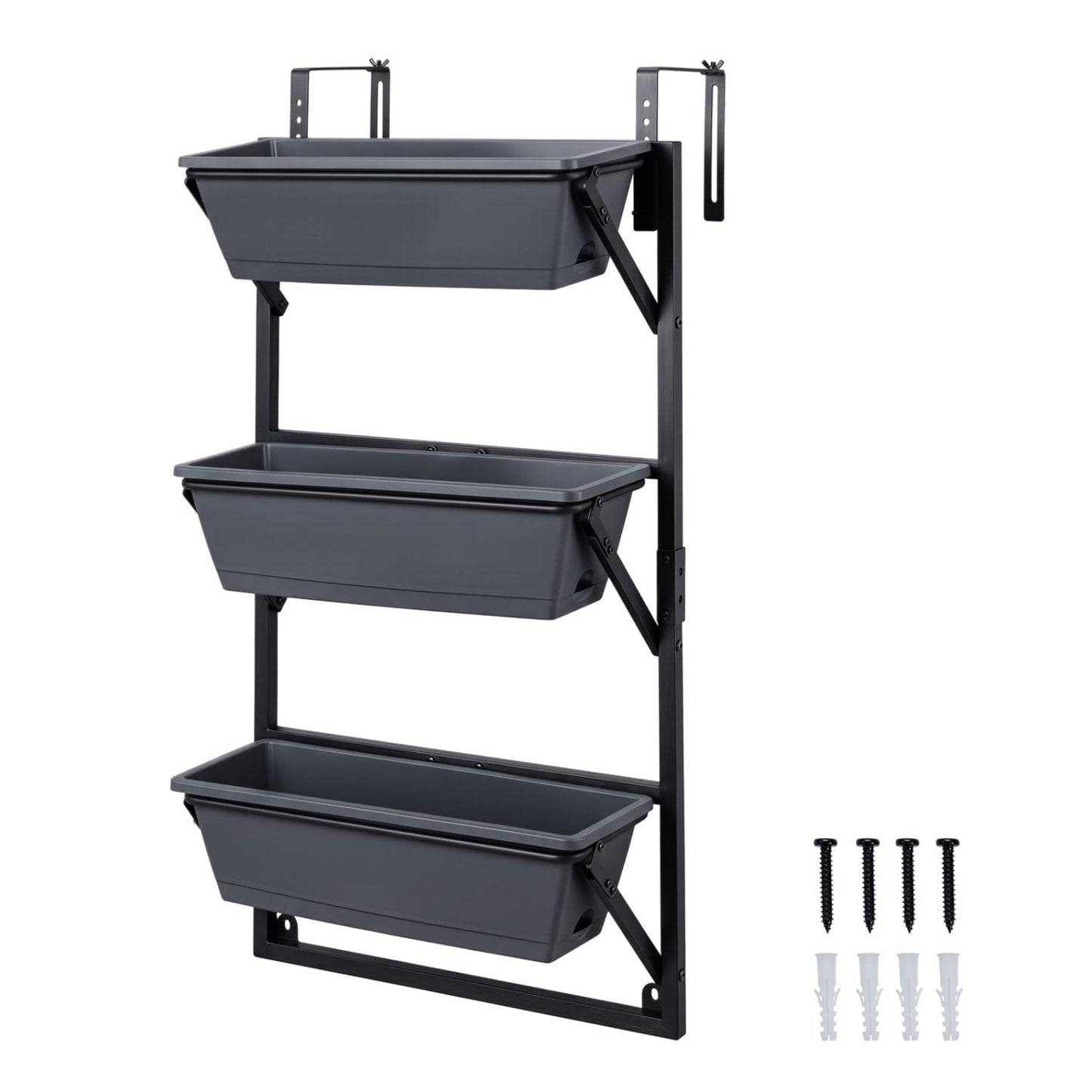 Deck Railing Planter Box 3-Tier, Adjustable Brackets, Black