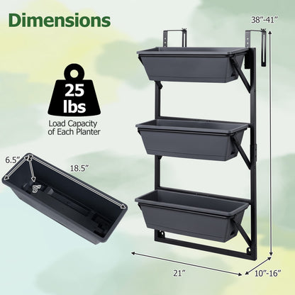 Deck Railing Planter Box 3-Tier, Adjustable Brackets, Black