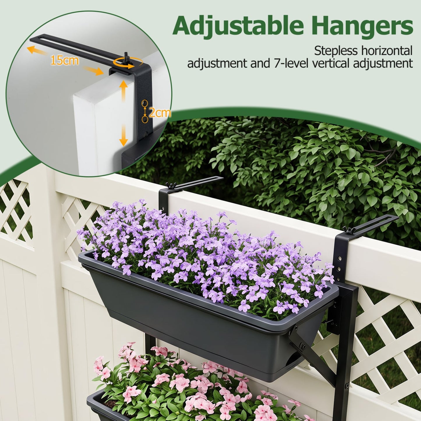 Deck Railing Planter Box 3-Tier, Adjustable Brackets, Black