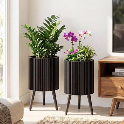 Decorative Flower Pots With Stand, Drainage Holes, Set Of 2