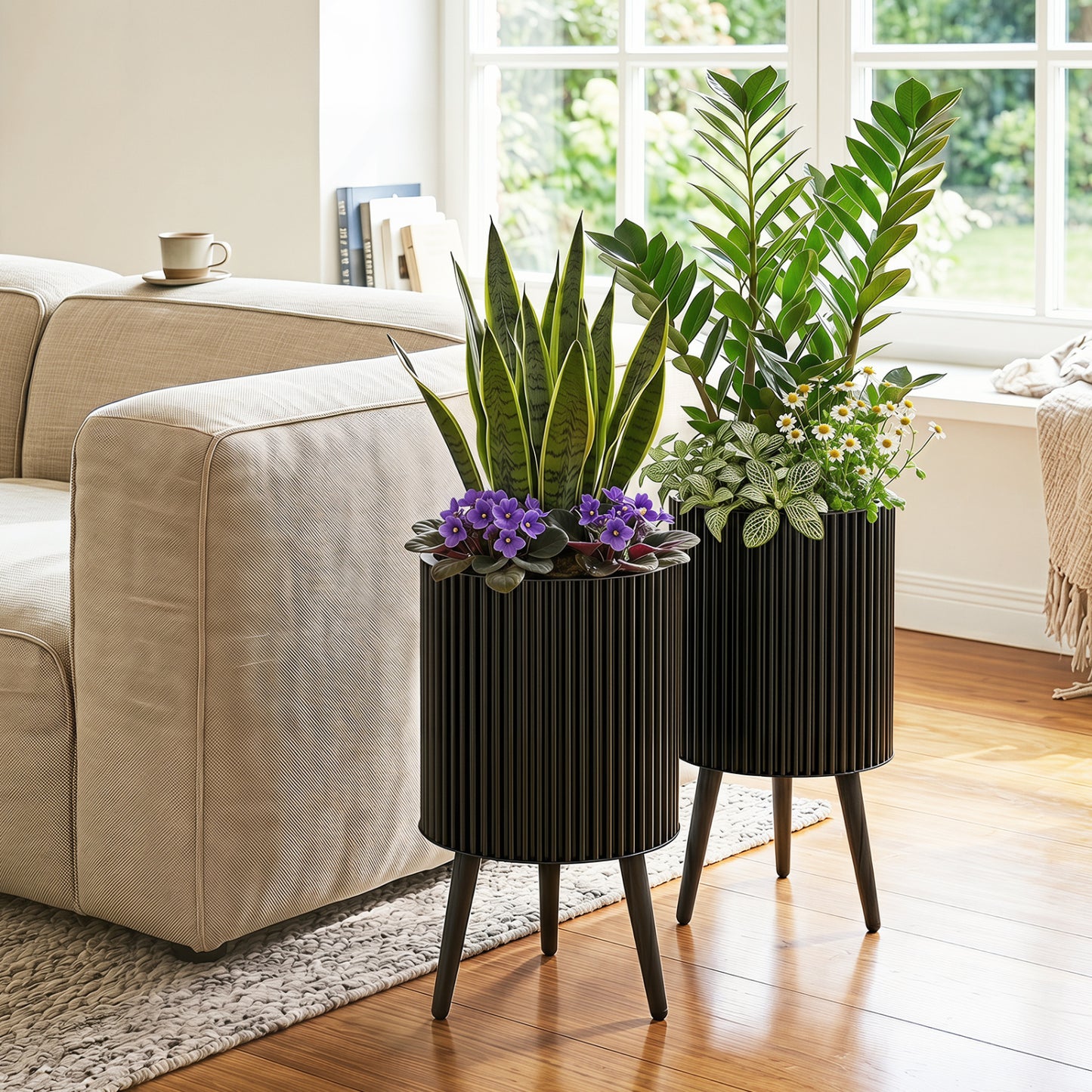 Decorative Flower Pots With Stand, Drainage Holes, Set Of 2