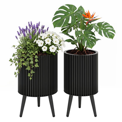 Decorative Flower Pots With Stand, Drainage Holes, Set Of 2
