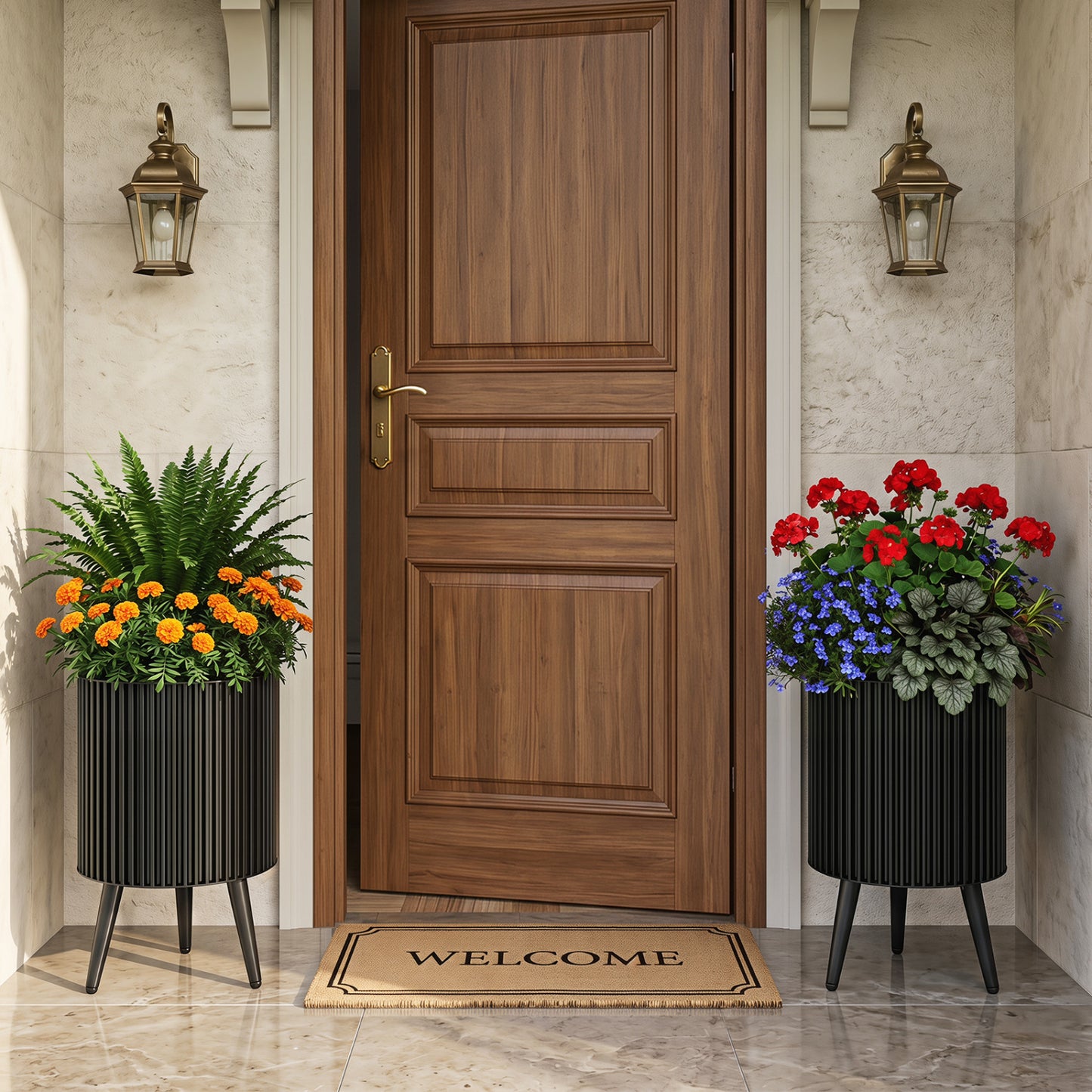 Decorative Flower Pots With Stand, Drainage Holes, Set Of 2