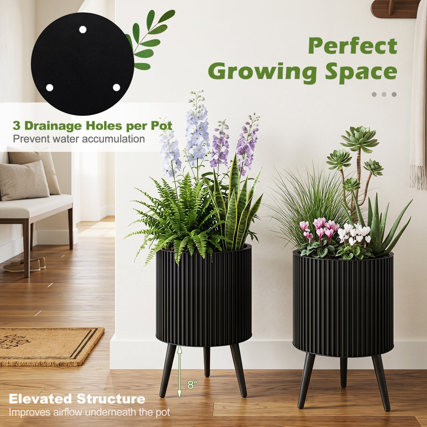 Decorative Flower Pots With Stand, Drainage Holes, Set Of 2