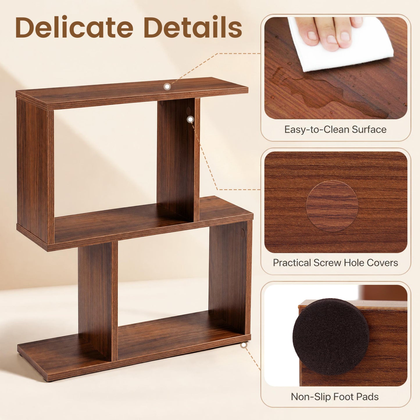 Decorative Storage Shelf, Open Layout, Non-Slip Pads, Walnut