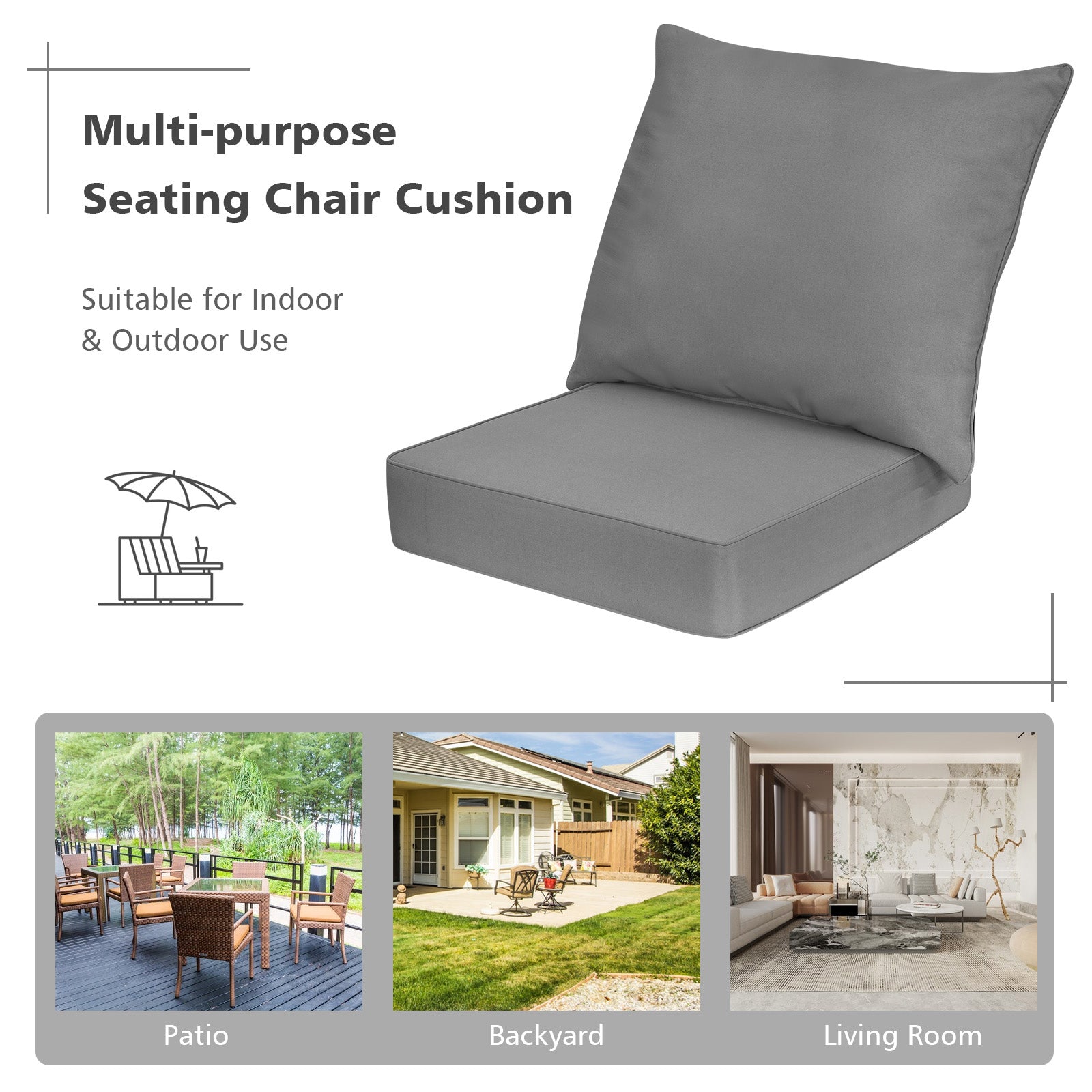 Deep Seat Chair Cushion Pads Set with Rope Belts for Indoor and Outdoor, Gray Outdoor Furniture Accessories at Gallery Canada
