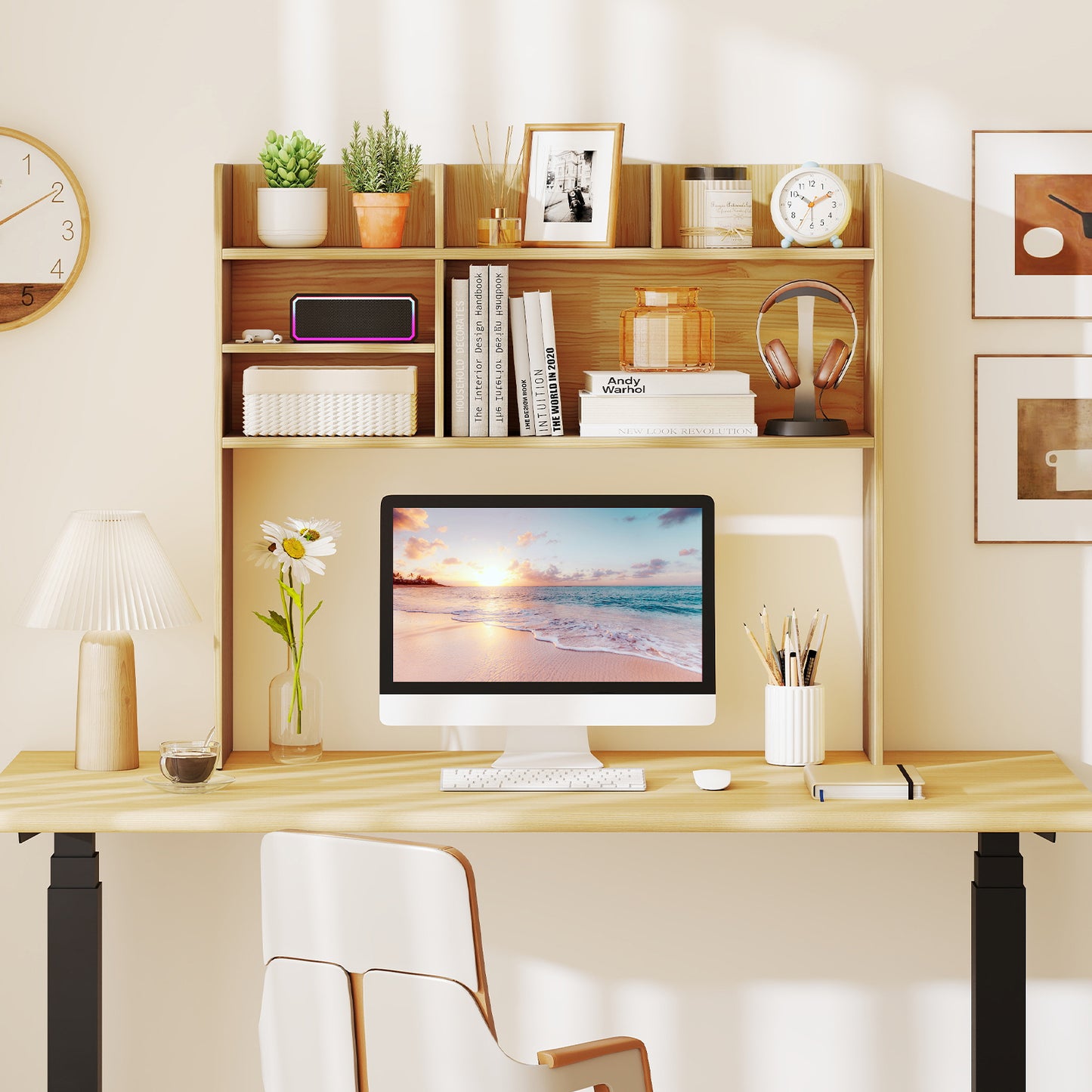 Desktop Bookshelf Countertop Storage Hutch with 6 Shelves, Beige Bookcases at Gallery Canada
