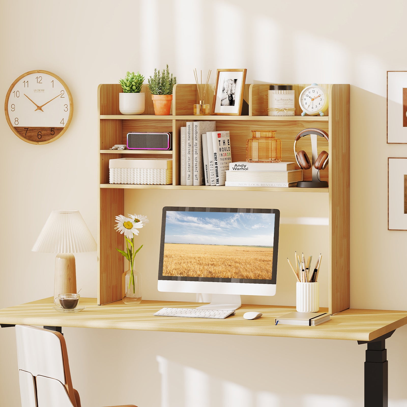 Desktop Bookshelf Countertop Storage Hutch with 6 Shelves, Beige Bookcases at Gallery Canada