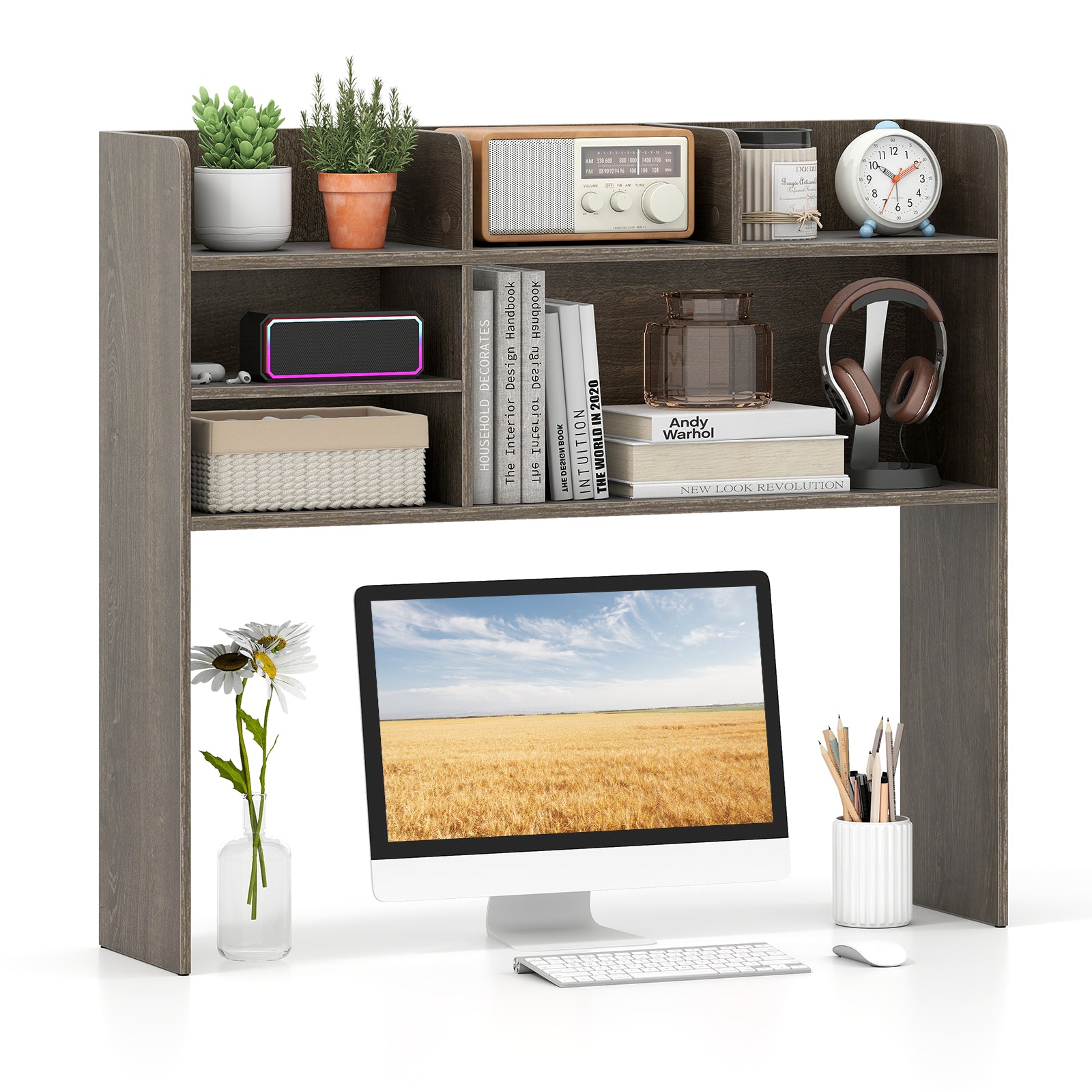 Desktop Bookshelf Countertop Storage Hutch with 6 Shelves, Oak Bookcases at Gallery Canada