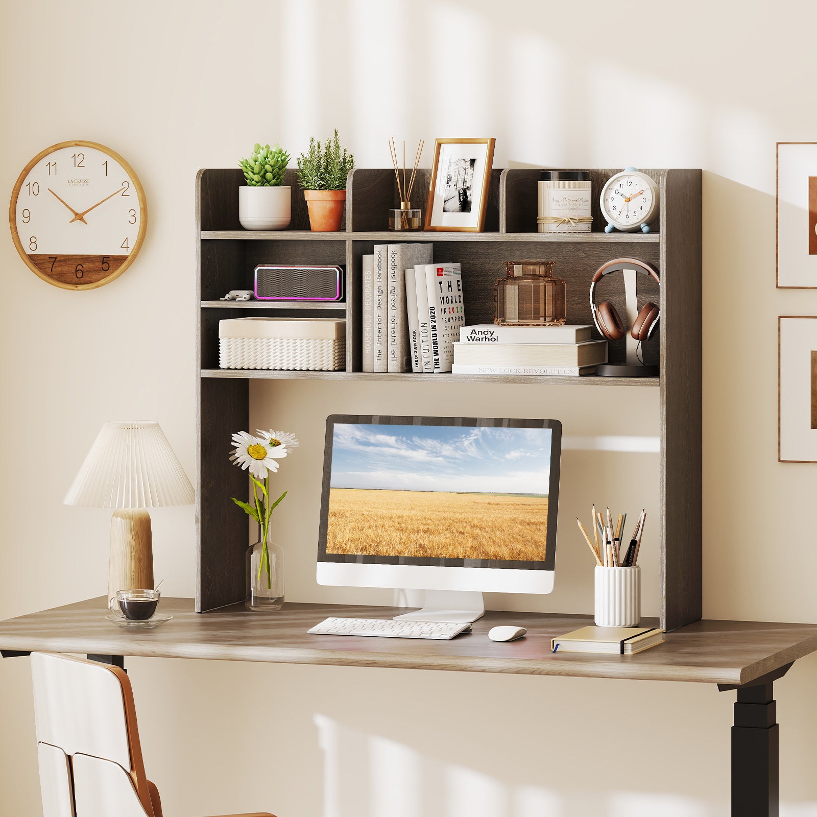 Desktop Bookshelf Countertop Storage Hutch with 6 Shelves, Oak Bookcases at Gallery Canada