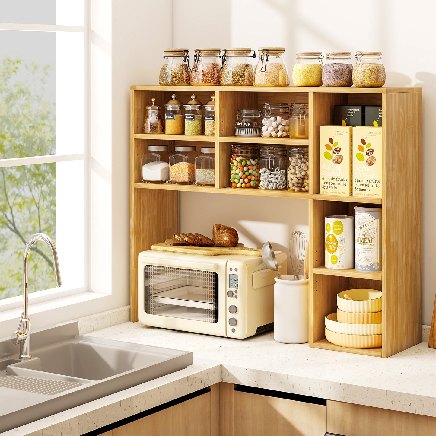 Desktop Bookshelf with 7 Open Cubbies and 3 Adjustable Shelves, Yellow