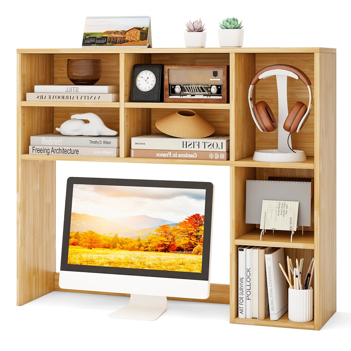 Desktop Bookshelf with 7 Open Cubbies and 3 Adjustable Shelves, Yellow