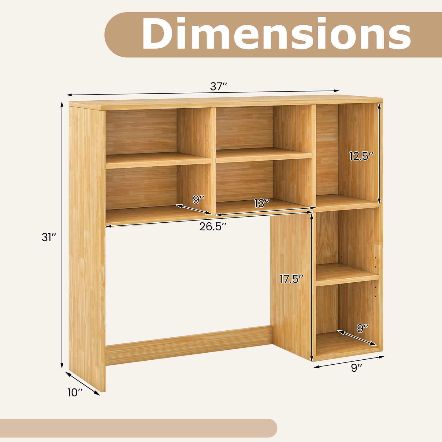 Desktop Bookshelf with 7 Open Cubbies and 3 Adjustable Shelves, Yellow