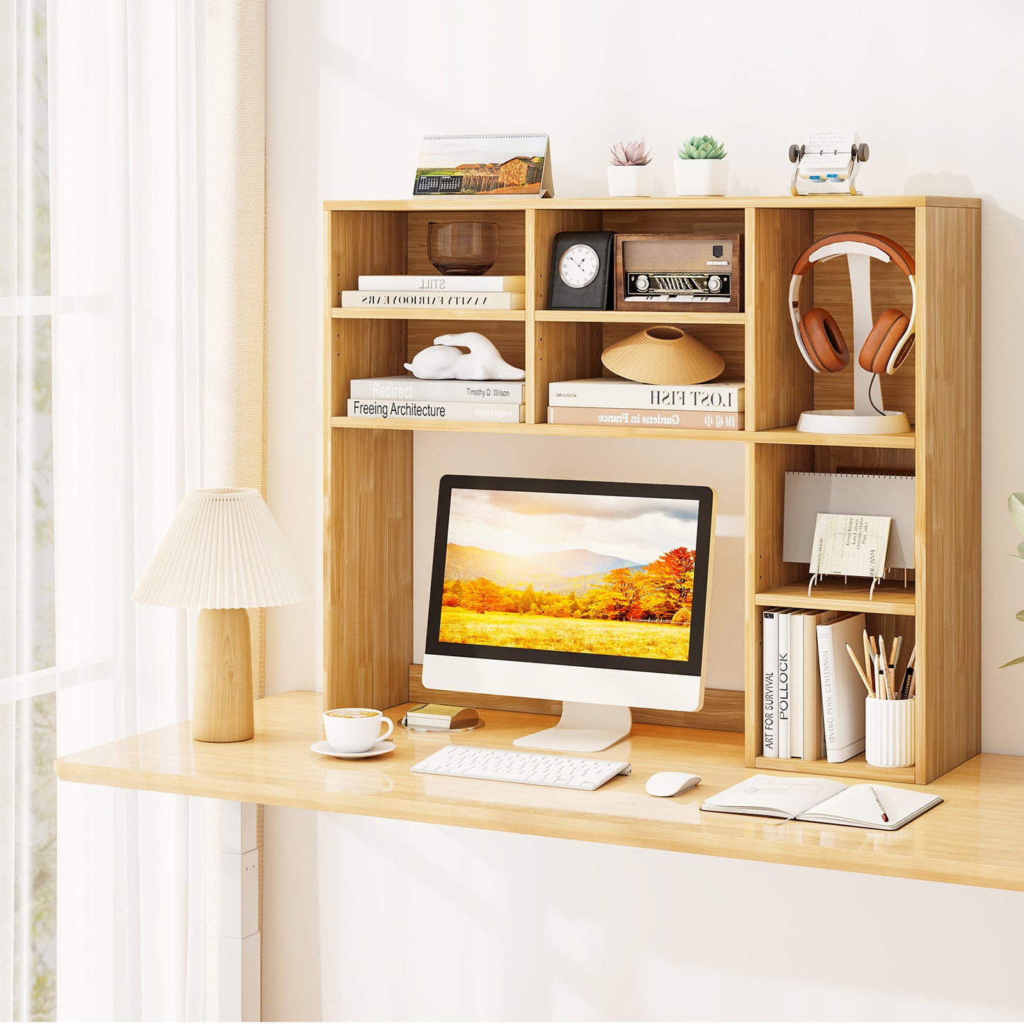 Desktop Bookshelf with 7 Open Cubbies and 3 Adjustable Shelves, Yellow