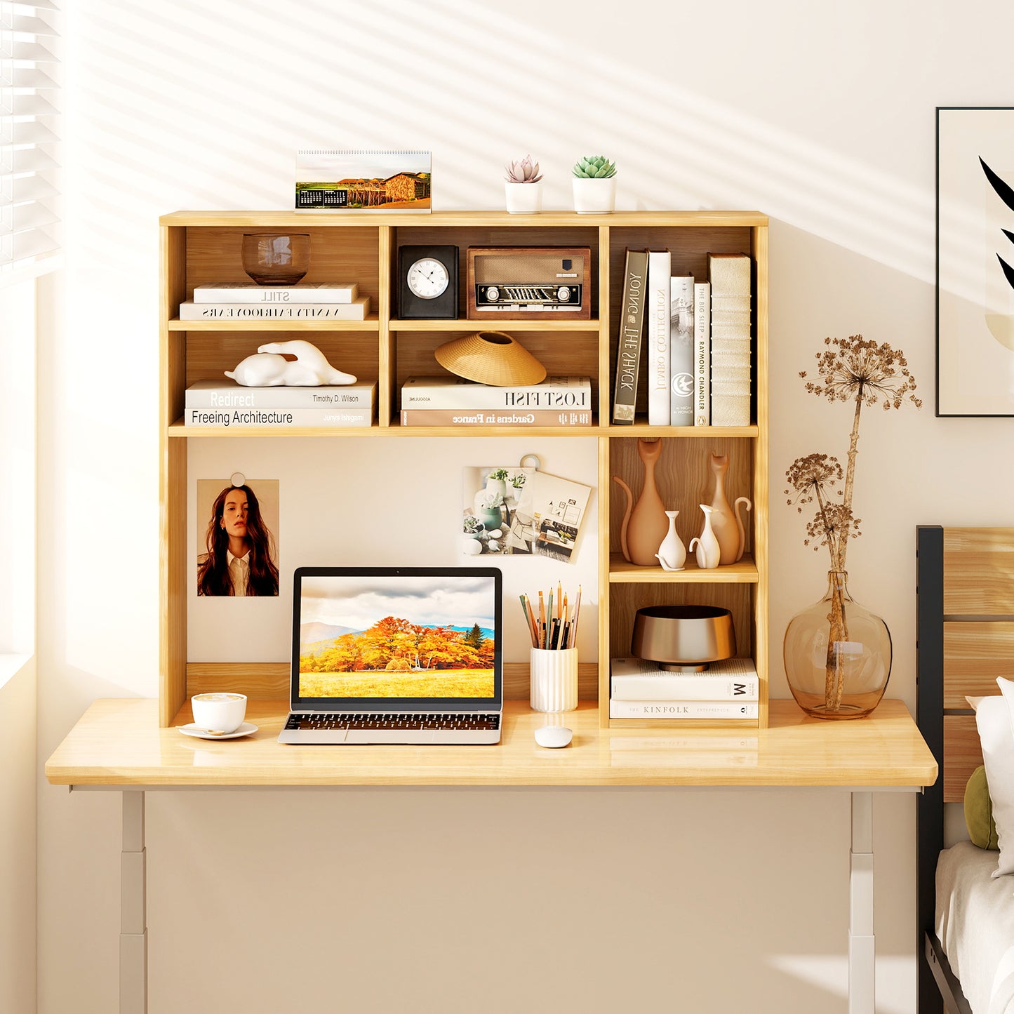 Desktop Bookshelf with 7 Open Cubbies and 3 Adjustable Shelves, Yellow