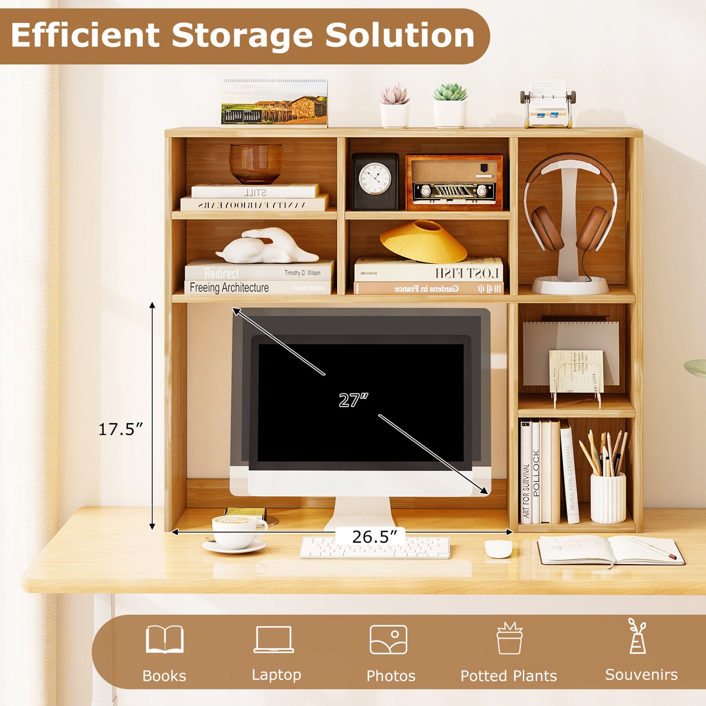 Desktop Bookshelf with 7 Open Cubbies and 3 Adjustable Shelves, Yellow