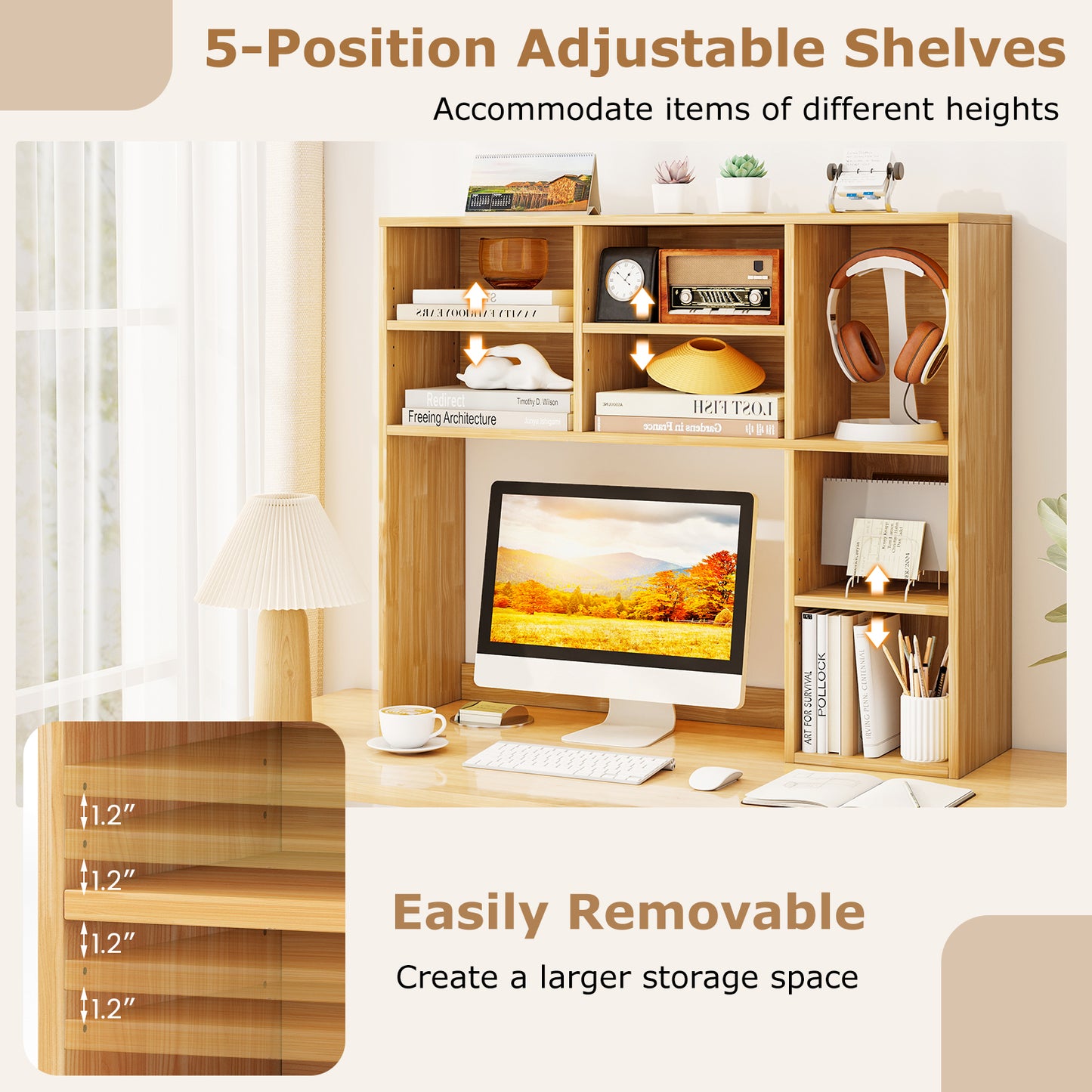 Desktop Bookshelf with 7 Open Cubbies and 3 Adjustable Shelves, Yellow