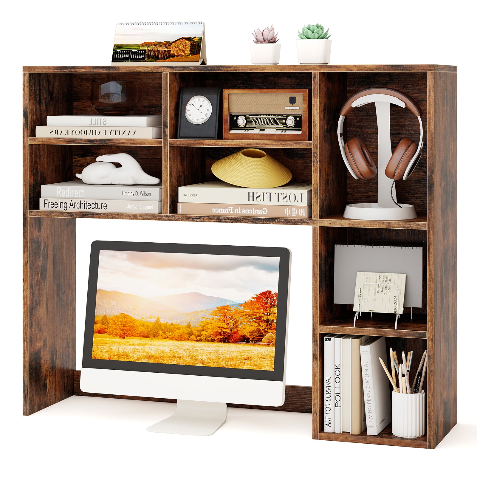 Desktop Bookshelf, 7 Open Cubbies, 3 Adjustable Shelves, Brown Bookcases at Gallery Canada