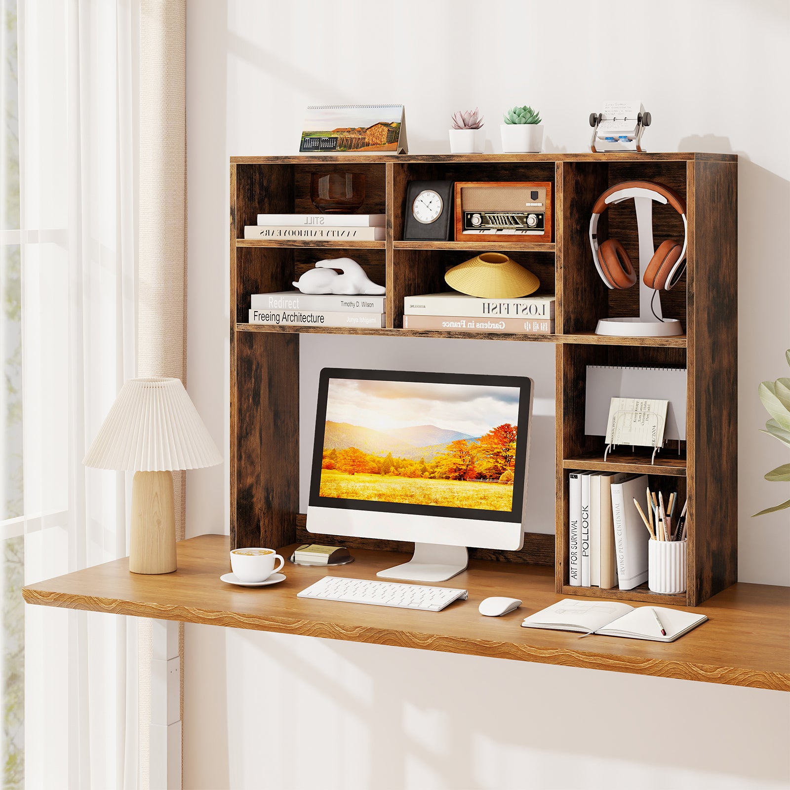 Desktop Bookshelf, 7 Open Cubbies, 3 Adjustable Shelves, Brown Bookcases at Gallery Canada