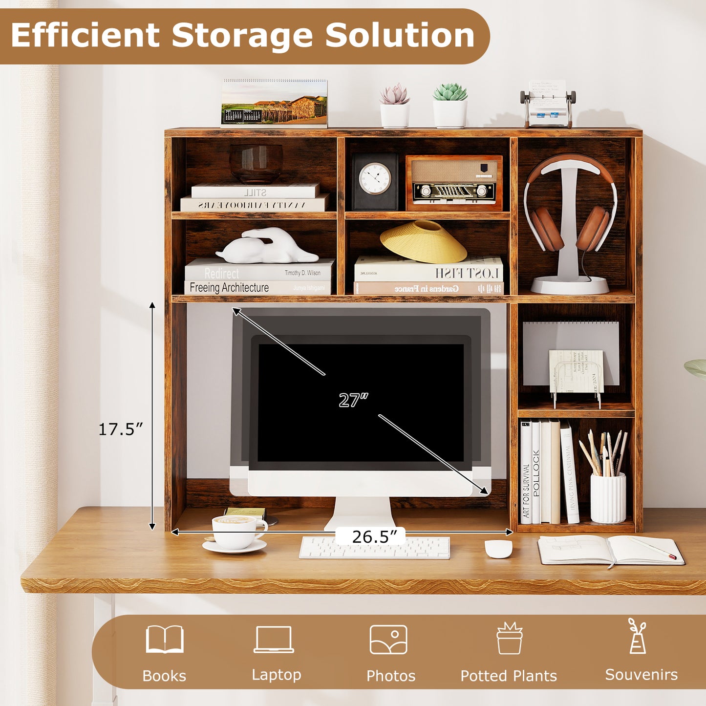 Desktop Bookshelf, 7 Open Cubbies, 3 Adjustable Shelves, Brown Bookcases at Gallery Canada