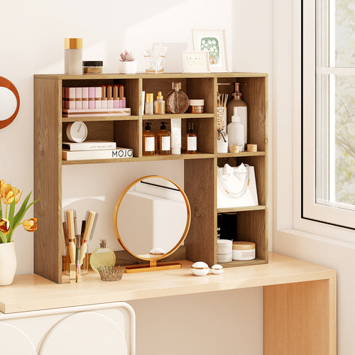 Desktop Bookshelf, 7 Open Cubbies, 3 Adjustable Shelves, Natural