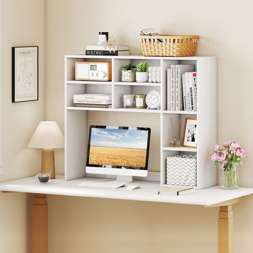 Desktop Bookshelf with 7 Open Cubbies and 3 Adjustable Shelves, White