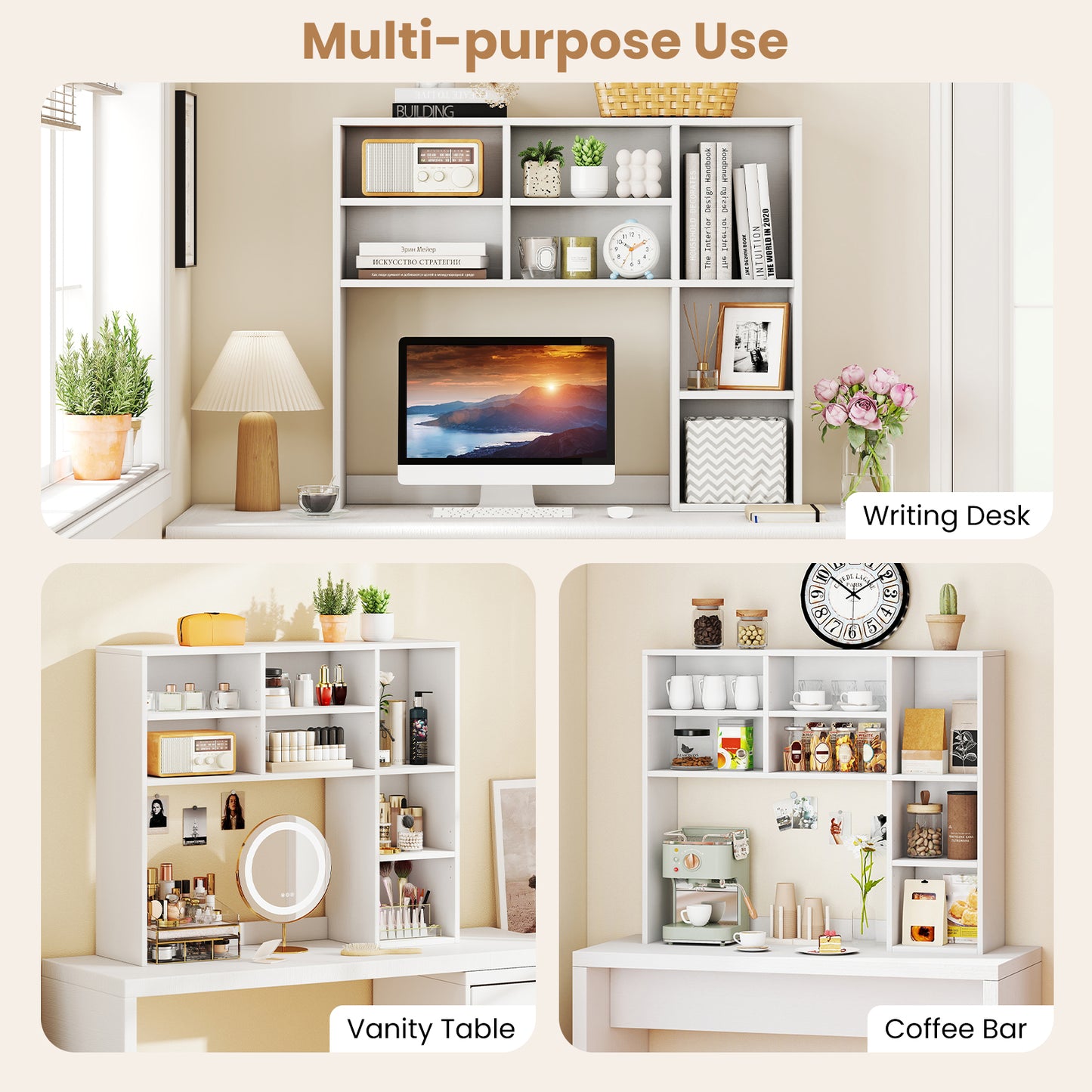 Desktop Bookshelf with 7 Open Cubbies and 3 Adjustable Shelves, White Bookcases at Gallery Canada