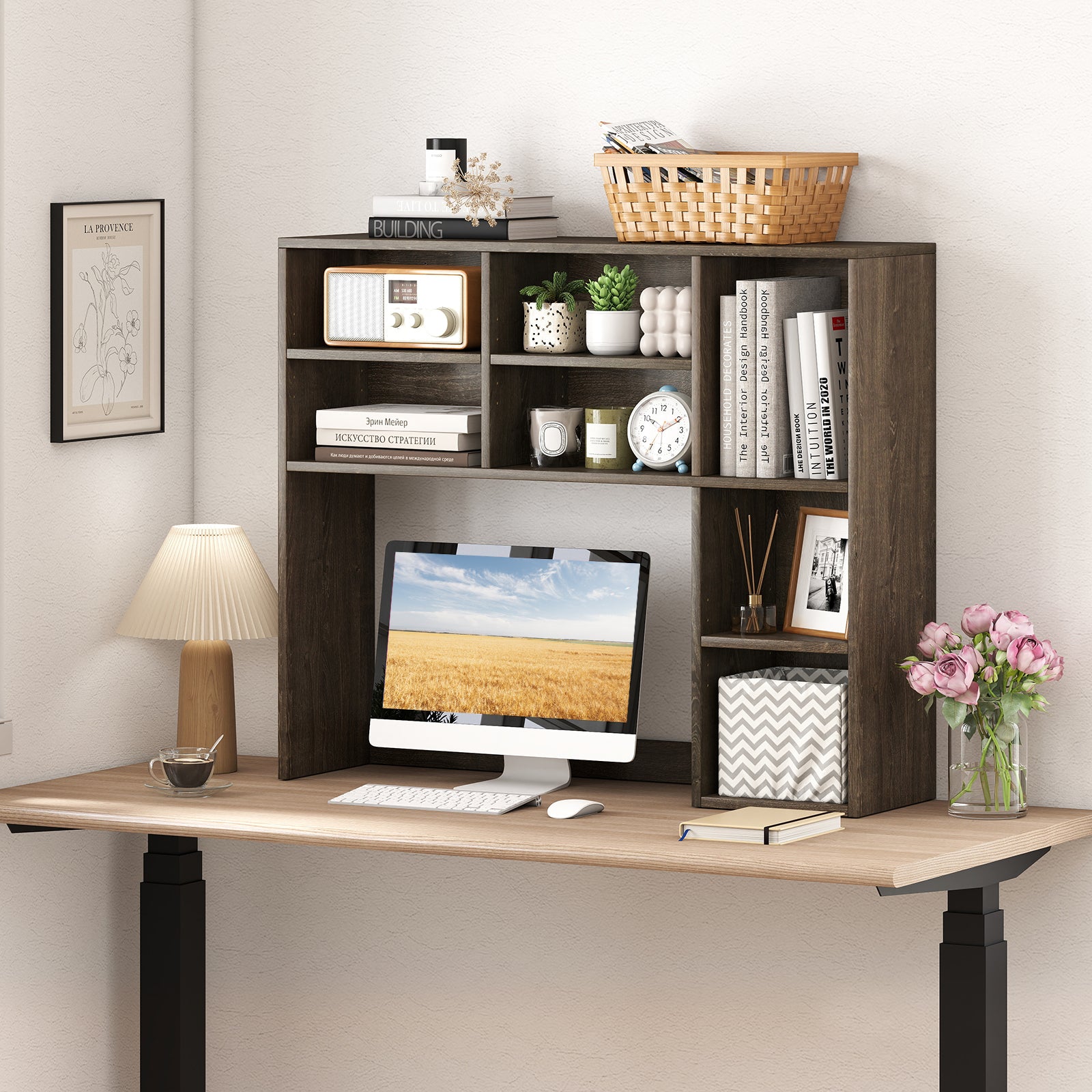 Desktop Bookshelf with 7 Open Cubbies and 3 Adjustable Shelves, Oak Bookcases at Gallery Canada