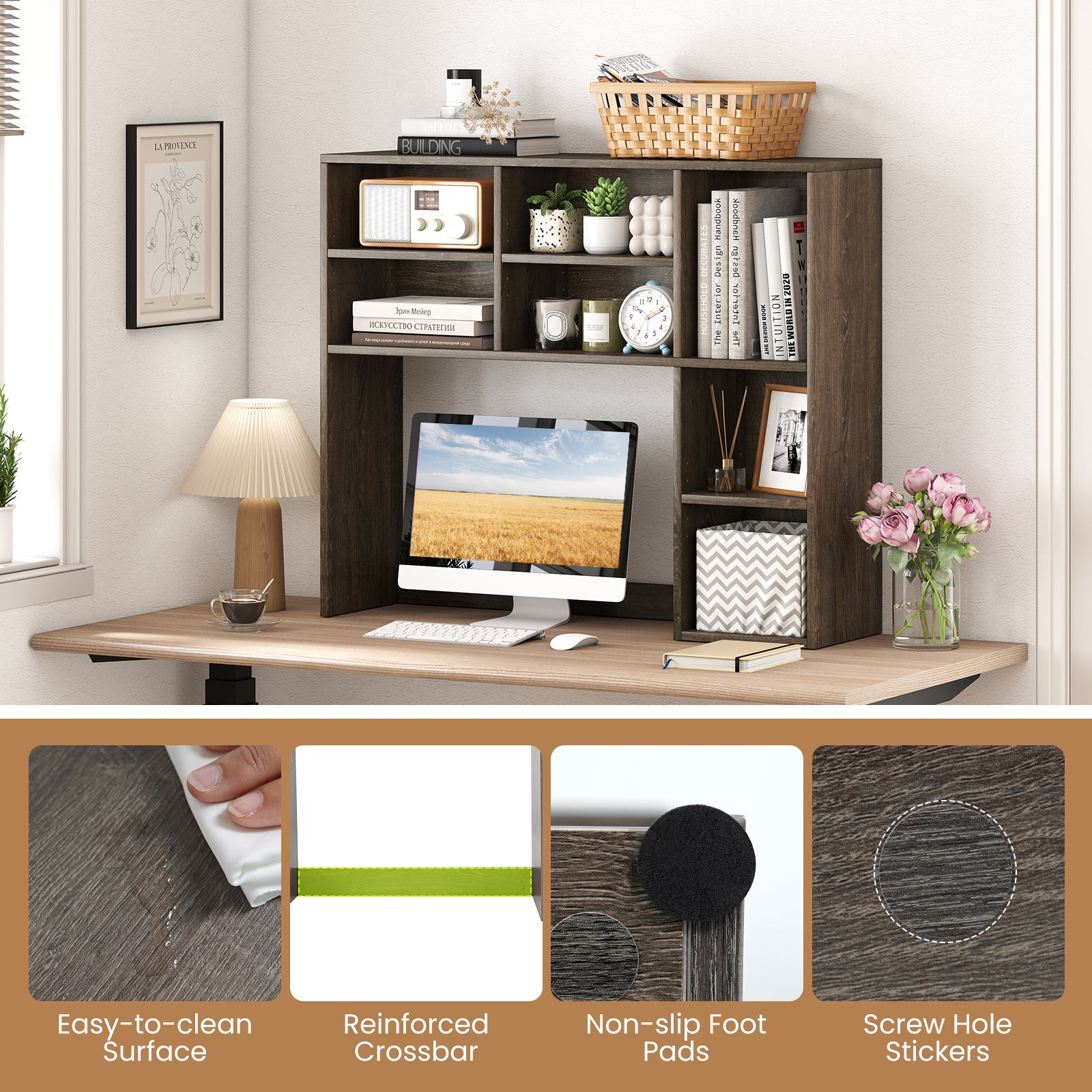 Desktop Bookshelf with 7 Open Cubbies and 3 Adjustable Shelves, Oak Bookcases at Gallery Canada