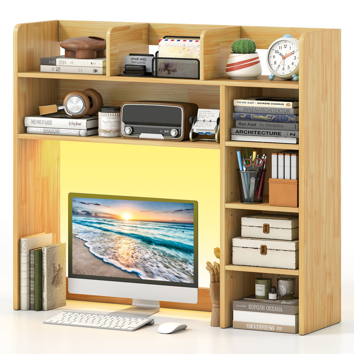 Desk Hutch With LED Lights, 35.5 Inch, Beige Bookcases at Gallery Canada