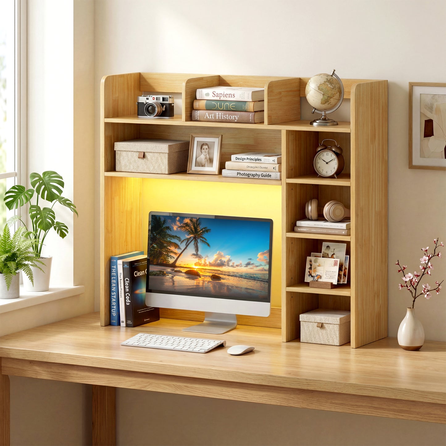 Desk Hutch With LED Lights, 35.5 Inch, Beige Bookcases at Gallery Canada