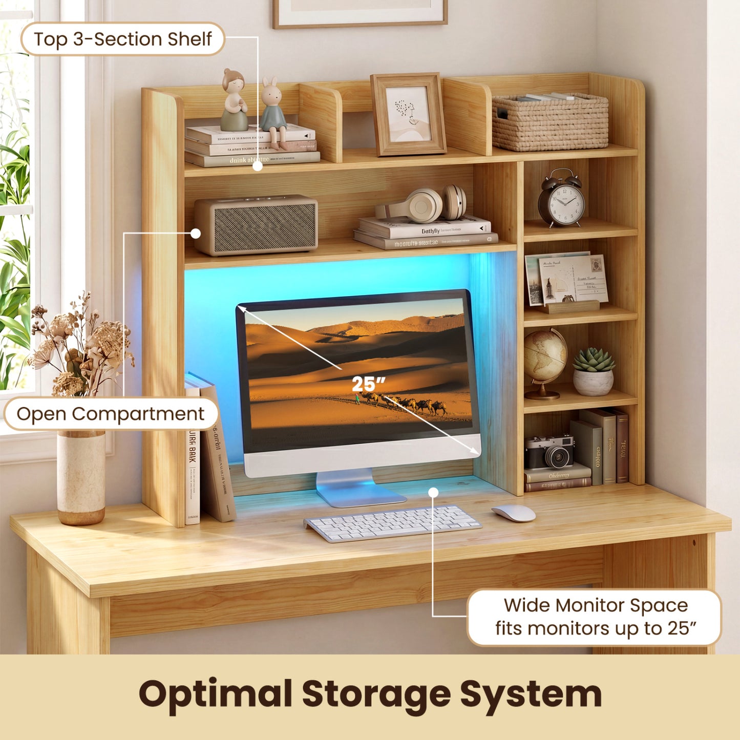 Desk Hutch With LED Lights, 35.5 Inch, Beige Bookcases at Gallery Canada